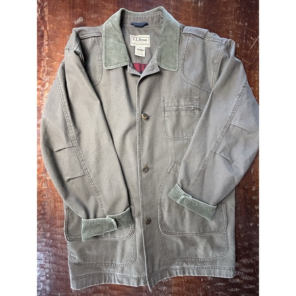 L.L. Bean Other - L.L. Bean Canvas‎ Barn Chore Jacket Olive Green Corduroy Collar Flannel Lined